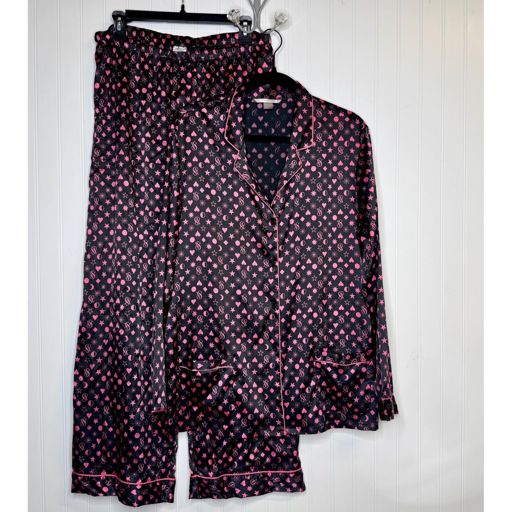 Victoria's Secret Satin Pajama Set Sz Large Black Pink Celestial Star Heart Logo